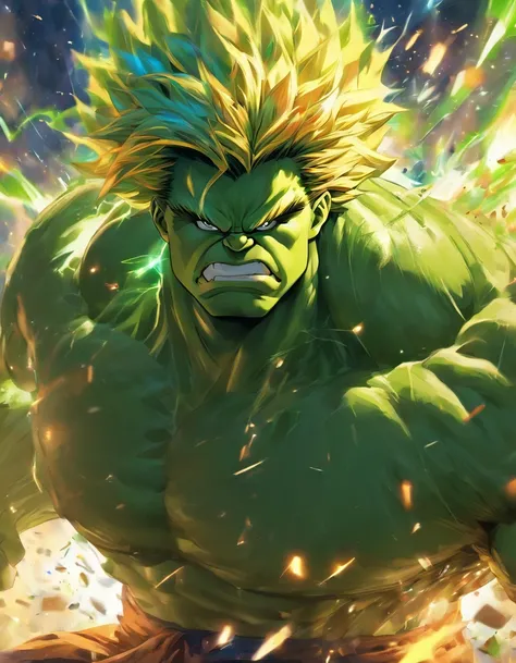 A combination of Hulk and Super Saiyan，first person perspective，tmasterpiece，high detal，best qualtiy，A high resolution，16k，in a panoramic view，hyper HD：： --v 5