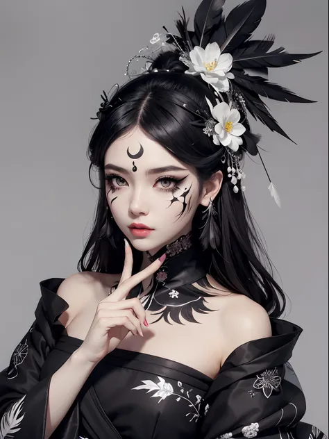 Black and white kimono、a lot of black feathers on the head,,,、Black eyeliner and black eyeshadow、A detailed face、detailed facial expression、Shoot from the waist up、Dynamic Posing、Fancy makeup、Fancy face paint、