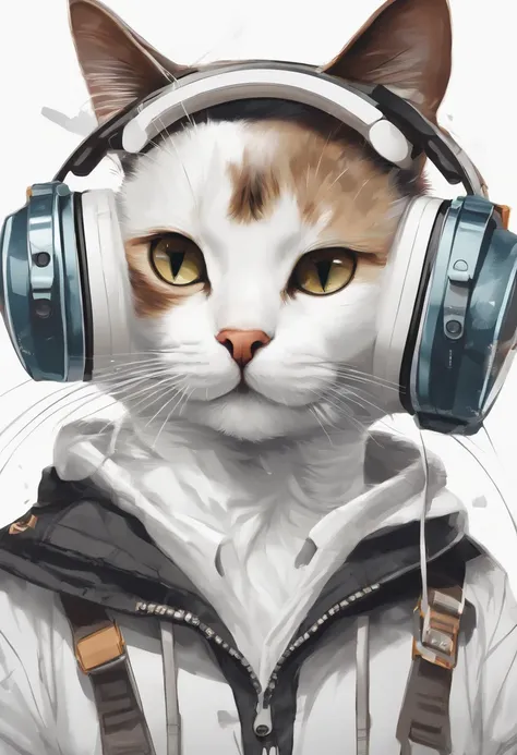 Perfect centering, Cute white and black eight-cracked cat, Wear a student team jacket, Wearing sunglasses, Wearing headphones, cheerfulness, Standing position, Abstract beauty, Centered, Looking at the camera, Facing the camera, Approaching perfection, Dyn...