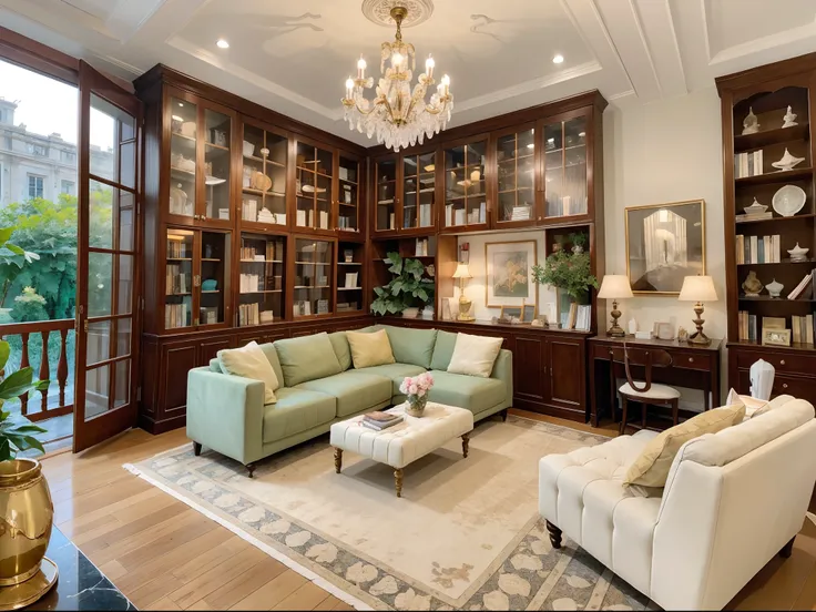 A girl in a grand library, surrounded by towering bookshelves filled with classic literary works. The atmosphere is filled with intellectual vibes. The girl is sitting at an elegant marble desk, scattered with stationery, capturing her creativity and inspi...