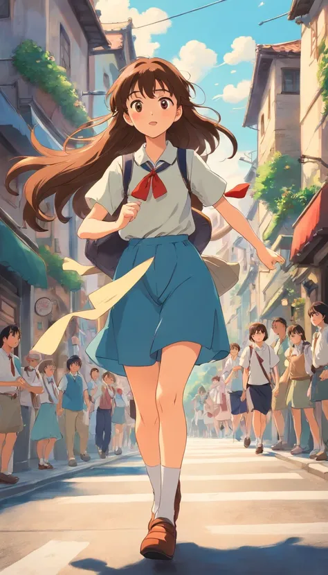 a girl with a long brown hair,with bangs,rushing in the street,sunny day, wearing decent uniform,with a little bit of people around.