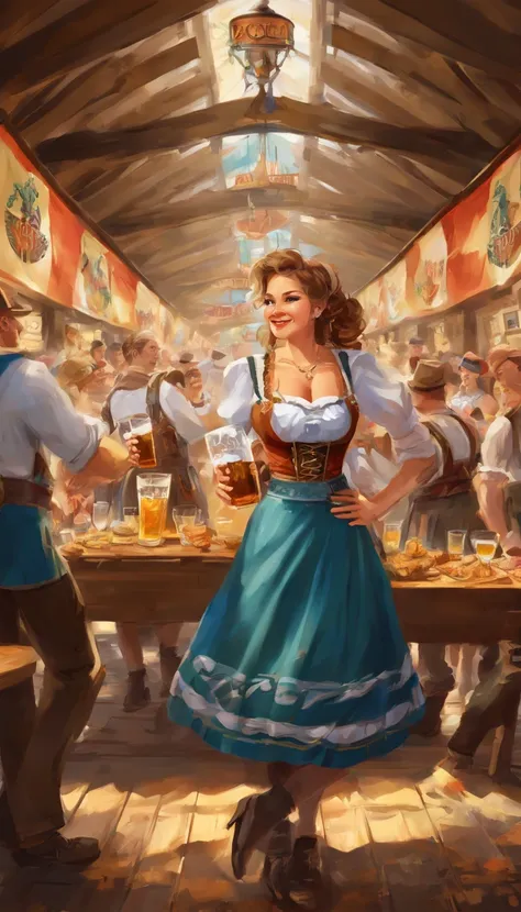 (((Lively Oktoberfest Beer Hall)))
Type of Image: Photograph
Subject Description: A bustling Oktoberfest beer hall adorned with Bavarian flair. Traditional Bavarian flags hang overhead, Oktoberfest banners decorate the walls, and garlands of oversized pret...