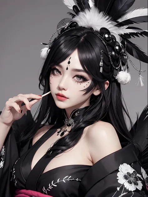 Black and white kimono、a lot of black feathers on the head,,,,、Black eyeliner and black eyeshadow、A detailed face、detailed facial expression、Shoot from the waist up、Dynamic Posing、Fancy makeup、Fancy face paint、