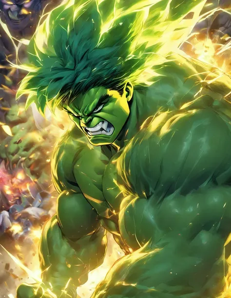 A combination of Hulk and Super Saiyan，Three View，tmasterpiece，high detal，best qualtiy，A high resolution，16k，in a panoramic view，hyper HD：： --v 5