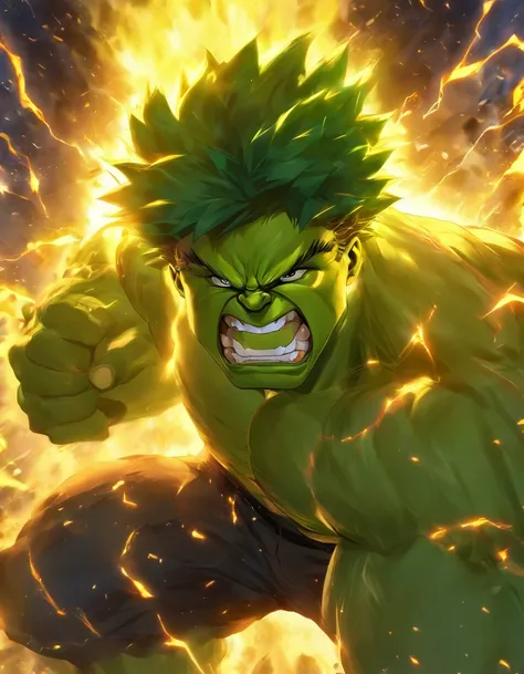 A combination of Hulk and Super Saiyan，Back Shadow，tmasterpiece，high detal，best qualtiy，A high resolution，16k，in a panoramic view，hyper HD：： --v 5