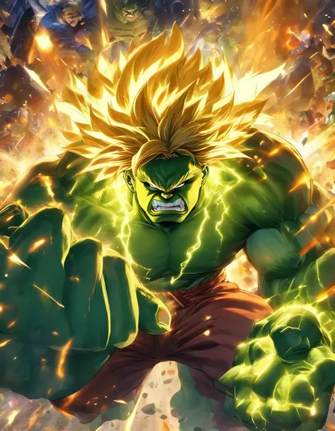 A combination of Hulk and Super Saiyan，in a panoramic view，tmasterpiece，high detal，best qualtiy，A high resolution，16k，in a panoramic view，hyper HD：： --v 5