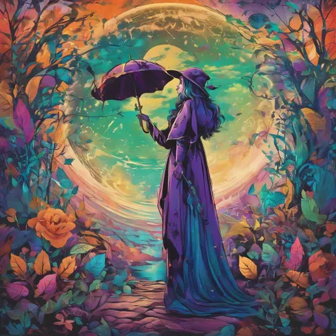 (best quality,4k,8k,highres,masterpiece:1.2),ultra-detailed,(realistic,photorealistic,photo-realistic:1.37),witch,casting spells,blue green purple hues,goddess,whimsical,magical,beautiful,enchanted garden,full moon,nature elements,floating petals and leave...