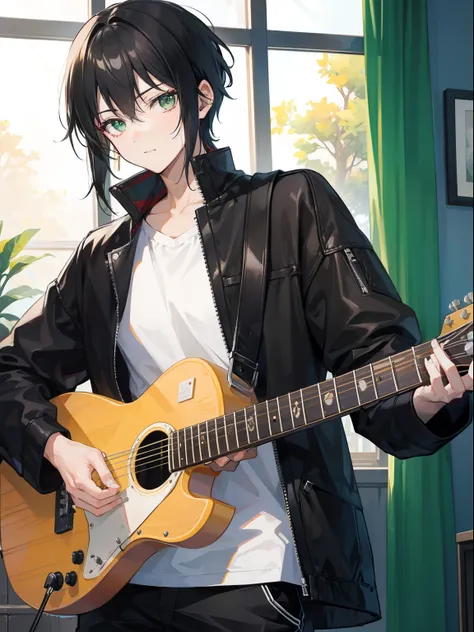 Male, black hair, green eyes, playing guitar