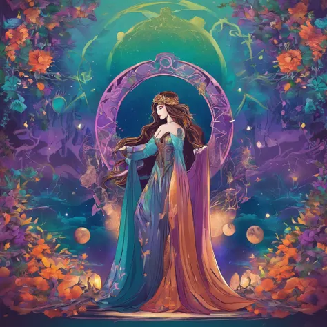 (best quality,4k,8k,highres,masterpiece:1.2),ultra-detailed,(realistic,photorealistic,photo-realistic:1.37),witch,casting spells,blue green purple hues,goddess,whimsical,magical,beautiful,enchanted garden,full moon,nature elements,floating petals and leave...