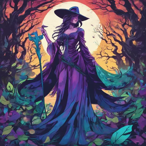 (best quality,4k,8k,highres,masterpiece:1.2),ultra-detailed,(realistic,photorealistic,photo-realistic:1.37),witch,casting spells,blue green purple hues,goddess,whimsical,magical,beautiful,enchanted garden,full moon,nature elements,floating petals and leave...