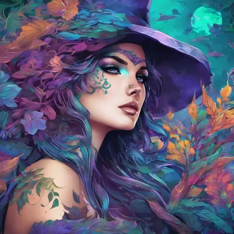 (best quality,4k,8k,highres,masterpiece:1.2),ultra-detailed,(realistic,photorealistic,photo-realistic:1.37),witch,casting spells,blue green purple hues,goddess,whimsical,magical,beautiful,enchanted garden,full moon,nature elements,floating petals and leave...