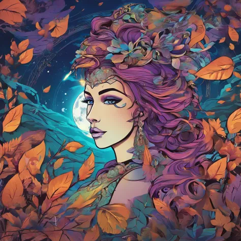 (best quality,4k,8k,highres,masterpiece:1.2),ultra-detailed,(realistic,photorealistic,photo-realistic:1.37),witch,casting spells,blue green purple hues,goddess,whimsical,magical,beautiful,enchanted garden,full moon,nature elements,floating petals and leave...