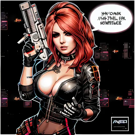 a woman jessica nigri in a black outfit holding a gun, cyberpunk angry gorgeous, redhead female cyberpunk, punk art, heavy metal art style, raygun