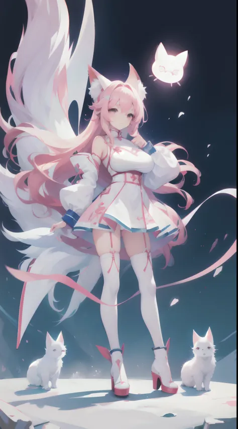 (A girl with) Big furry tail, (Long) Pink hair, Wearing a (Blue) high slit cheongsam, White stockings, kneehigh boots, Standing posture, Full body shot, There was a big white fox behind him, Detailed, anime big breast, High definition, (Pink), (Blue), Fron...