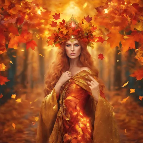 The prompt for "witch queen of autumn, goddess, golden leaves" could be:
"(best quality,4k,8k,highres,masterpiece:1.2),ultra-detailed,(realistic,photorealistic,photo-realistic:1.37),witch queen of autumn,dark enchantress with majestic golden crown,mesmeriz...