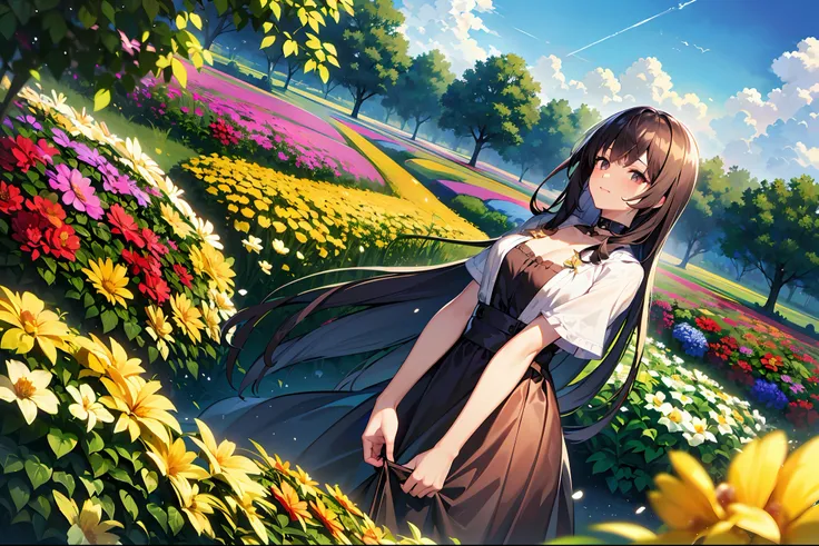 (best quality, 8K, masterpiece, ultra detailed:1.2), cinematic angle, flower garden, light particles