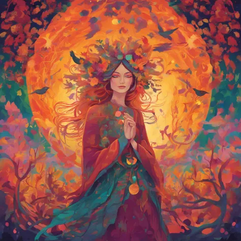 (magical,enchanted,ethereal)forest,witch queen,autumn colors,detailed leaves,floating magic orbs,spells casting,creatures,summoning,glowing,(mysterious,otherworldly) atmosphere,(powerful,commanding) presence,(beautiful,ethereal) queen,flowing robe,leaves a...