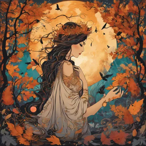 (magical,enchanted,ethereal)forest,witch queen,autumn colors,detailed leaves,floating magic orbs,spells casting,creatures,summoning,glowing,(mysterious,otherworldly) atmosphere,(powerful,commanding) presence,(beautiful,ethereal) queen,flowing robe,leaves a...