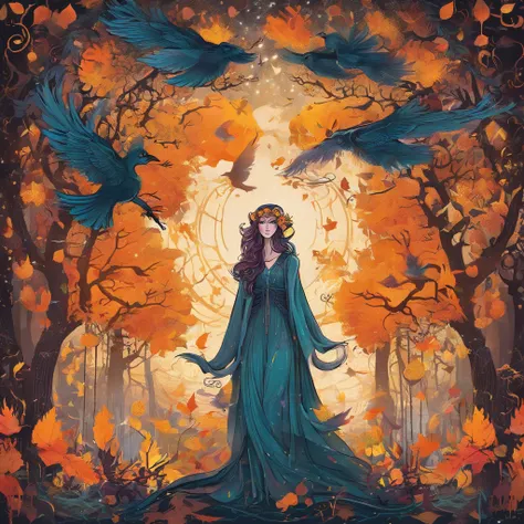 (magical,enchanted,ethereal)forest,witch queen,autumn colors,detailed leaves,floating magic orbs,spells casting,creatures,summoning,glowing,(mysterious,otherworldly) atmosphere,(powerful,commanding) presence,(beautiful,ethereal) queen,flowing robe,leaves a...