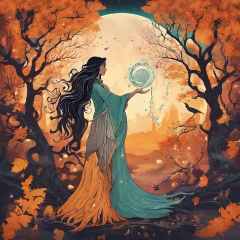 (magical,enchanted,ethereal)forest,witch queen,autumn colors,detailed leaves,floating magic orbs,spells casting,creatures,summoning,glowing,(mysterious,otherworldly) atmosphere,(powerful,commanding) presence,(beautiful,ethereal) queen,flowing robe,leaves a...