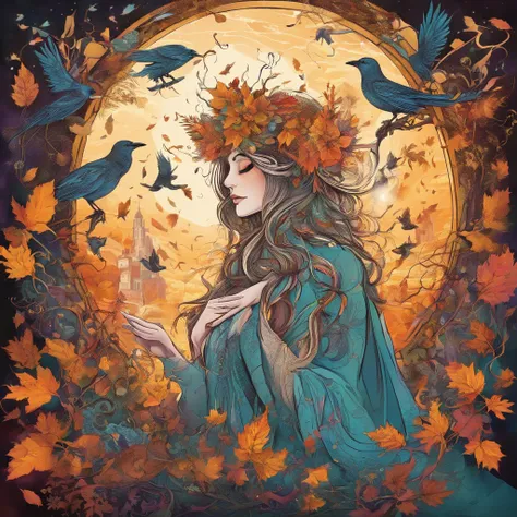 (magical,enchanted,ethereal)forest,witch queen,autumn colors,detailed leaves,floating magic orbs,spells casting,creatures,summoning,glowing,(mysterious,otherworldly) atmosphere,(powerful,commanding) presence,(beautiful,ethereal) queen,flowing robe,leaves a...