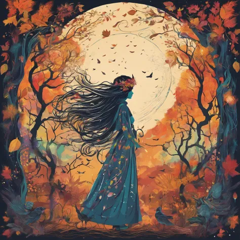 (magical,enchanted,ethereal)forest,witch queen,autumn colors,detailed leaves,floating magic orbs,spells casting,creatures,summoning,glowing,(mysterious,otherworldly) atmosphere,(powerful,commanding) presence,(beautiful,ethereal) queen,flowing robe,leaves a...