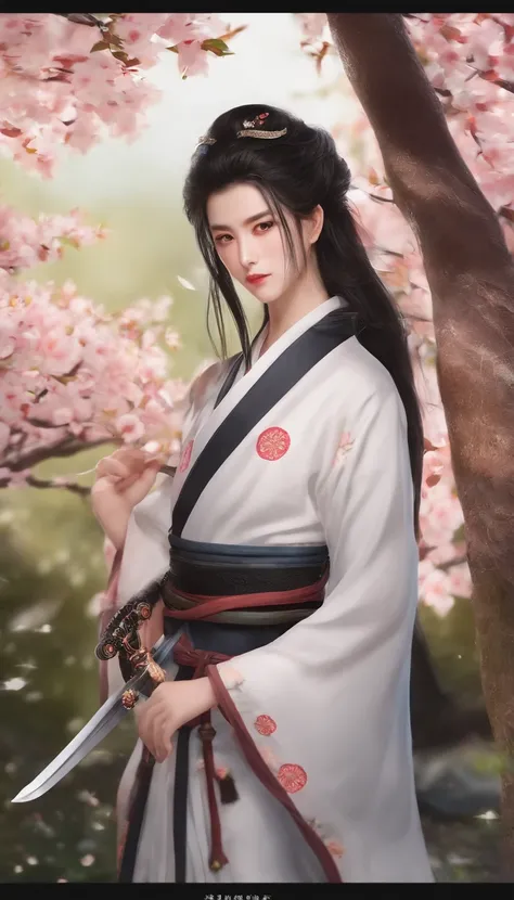 Danfeng Eyes，bushido，The upper part of the body，Black coiled hair，Simple hairpins，Cold eyes，solo person，orthofacial，frontage，Peach blossom background，Highly saturated colors，Hyper Real，8K high-definition，holding a longsword，Absolutely beautiful，high light，...