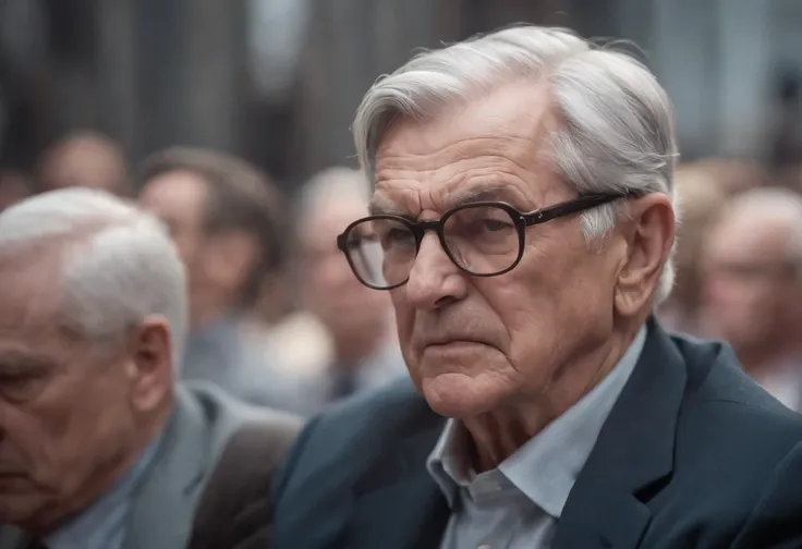 Older male, wrinkled, with glasses, suit, half-shot, angry, in the audience, single, gray hair