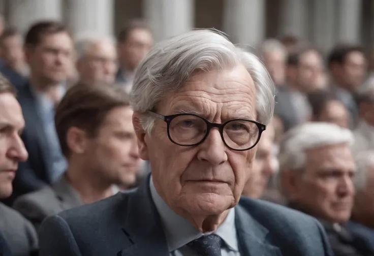 Older male, wrinkled, with glasses, suit, half-shot, angry, in the audience, single, gray hair