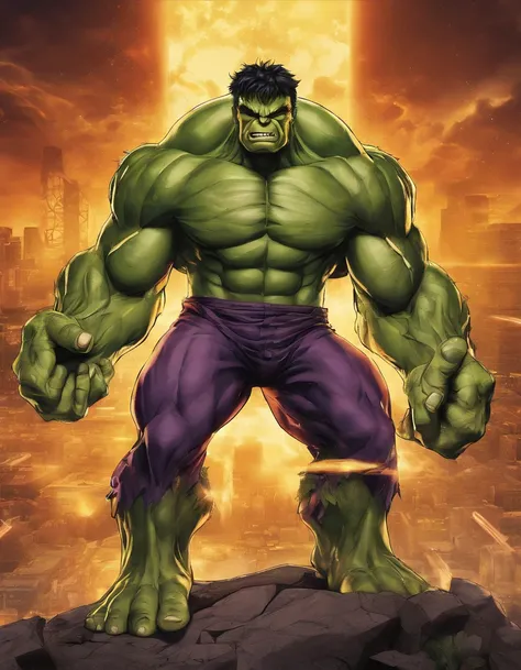 Full body view of the Hulk and Super Saiyan combo，wide wide shot，tmasterpiece，high detal，best qualtiy，A high resolution，16k，in a panoramic view，hyper HD：： --v 5