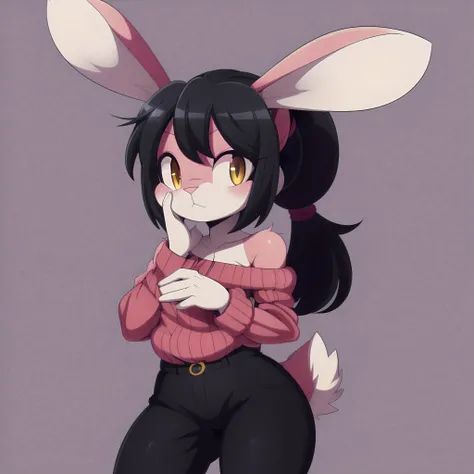 masterpiece, young adult, solo, (woman:1.2), (anthro, furry, rabbit:1.2), (pink body, pink fur), (short black hair with short ponytail:1.2), (calm expression, bright cyan eyes:1.3), (crop top, black pants:1.1), (cute), (no background, transparent backgroun...