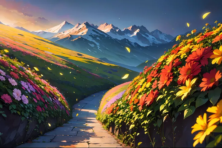 (best quality, 8K, masterpiece, ultra detailed:1.2), cinematic angle, flower garden, light particles