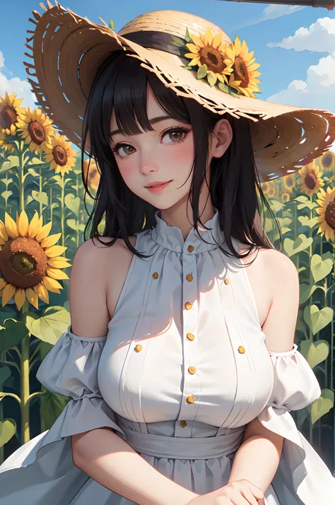 1lady solo. mature female, /(sundress straw hat/), /(black hair/) bangs, blush kind smile, (masterpiece best quality:1.2) delicate illustration ultra-detailed, large breasts BREAK /(field of sunflower outdoors/) detailed background