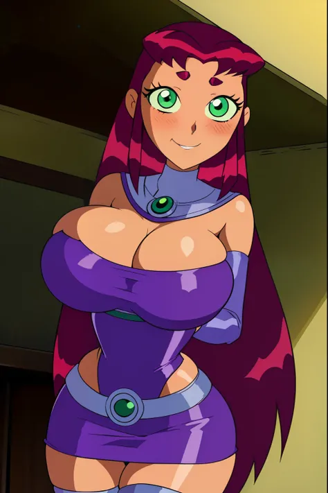 Teen titans, Starfire, anime, masterpiece, 1girl, ((bimbo))), green eyes, beautiful eyes, smile face, long red hair, wide hips, thick thigh, big breasts, cleavage, blushing, huge ass, shiny skin, purple skirt, purple top, embarrassed, blushing, close up,