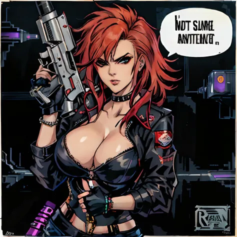 a woman jess nigri in a black outfit holding a gun, cyberpunk angry gorgeous, redhead female cyberpunk, punk art, heavy metal art style, holding raygun