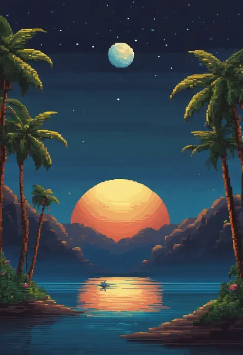 Pixel art of giant moon rising over calm sea, beautiful detailed pixel art, detailed pixel art, Lo-fidel retro video games, Concept Pixel Art, detailed pixel artwork, Pixel art style, pixel town, Pixel Art Animation, High-quality pixel art, Dolphins jump o...