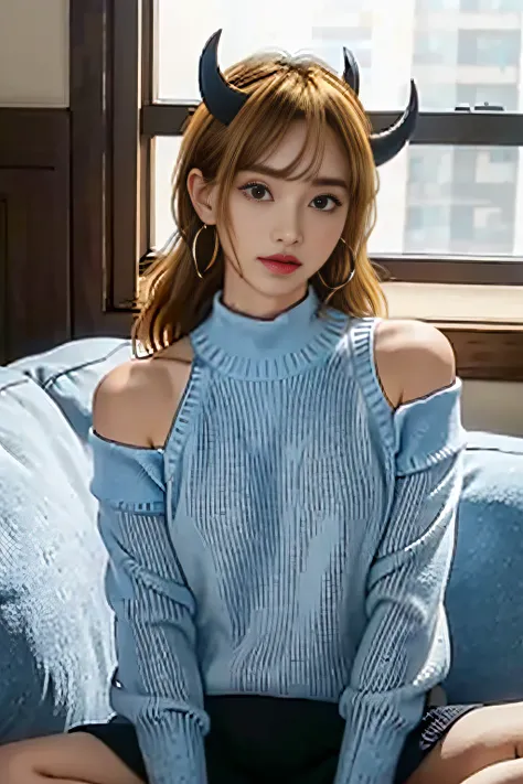 ​masterpiece, hightquality, Hi-Res, MEMcho, Indoors, idol、cowboy  shot, (a blond)、Black skirt, The shirt, off shoulders, off-the-shoulder sweater, (Light blue sweater:1.2), (small horn), (:3:1.2), sleeveless shirts, High Neck Sleeveless Shirt, Black shirt,...