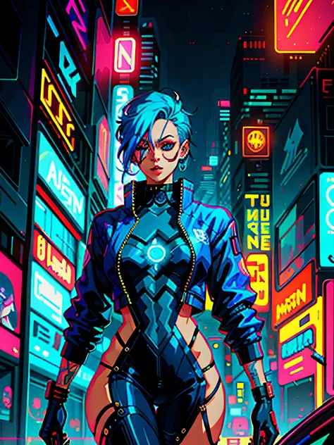 a digital painting of a woman with blue hair, cyberpunk art by Josan Gonzalez, behance contest winner, afrofuturism, synthwave, neon, glowing neon