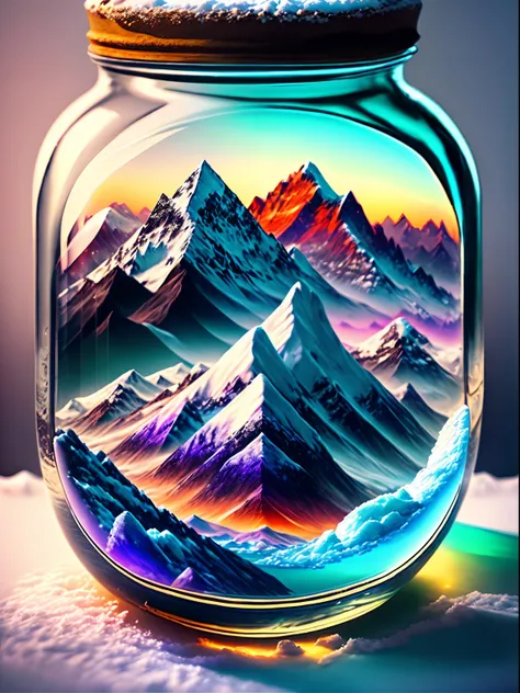 The entire Alpine snow-capped mountains are contained in a glass jar，Ultra photo realsisim，ultra - detailed，dramatic lights，4k，Colorful environment