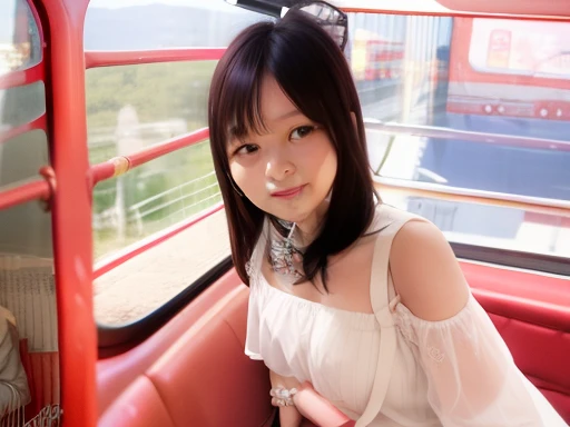 araffe woman in a white dress sitting in a red bus, chiaki nanami, ayaka, chiho, harumi, tsutomo nihie, yukii morita, ai yazawa, kimi takemura, narumi kakinouchi, mamimi samejima, ann takamaki, takada akemi, shiori teshirogi