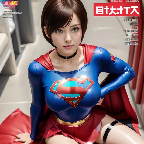 (Best Quality,4K,8K,hight resolution,masutepiece:1.2),Ultra-detailed,Realistic:1.37,Super masterpiece,Short-haired Supergirl、large full breasts、Looking at the camera、Glossy costume、a choker、Too short miniskirt、Magazine covers、Weekly Shonen Magazine、Seated ...