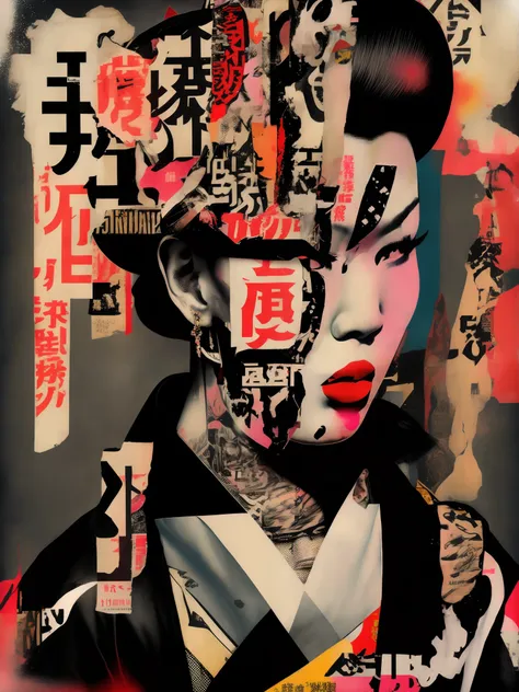 punk collage of a traditional japanese geisha skinhead, hairpunk, fashion shoot editorial style, hypebeast ultra fast fashion ga...