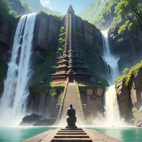 A huge Buddhist temple、Huge Buddha statue，Huge pyramid、huge waterfall，Huge staircase，​masterpiece，History of the Earth，in isekai，Masterpiece，超A high resolution，mystical，