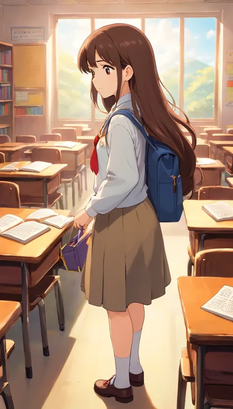 A girl with a long brown hair, inside the classroom,putting her books inside the bag, afternoon time, wearing decent school uniform,a teacher behind her back.