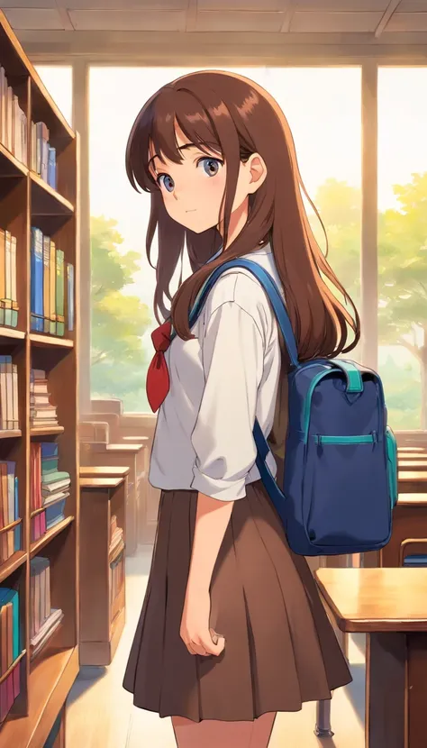 A girl with a long brown hair, inside the classroom,putting her books inside the bag, afternoon time, wearing decent school uniform,a teacher behind her back.