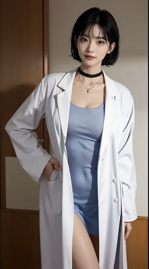 masterpiece, hot shot, ((best quality)), absurdres, perfect antomy, Tae Takemi, (Small smile), necklace, choker, dress, (Big breasts:1.3), braless, defined abdomen, labcoat, standing, doctor office background, sexy pose