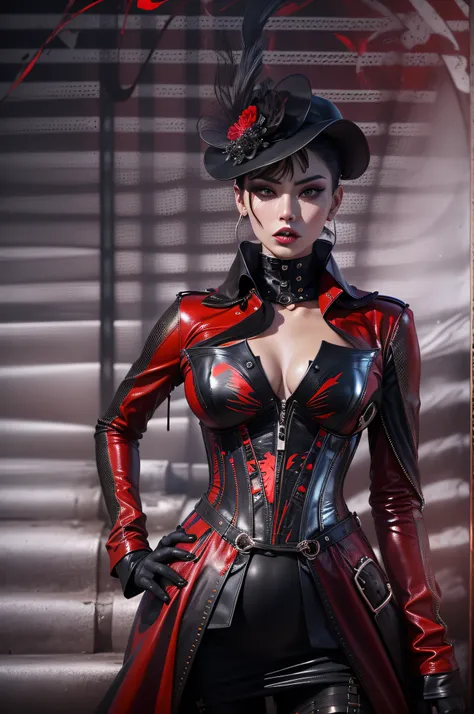 in a stunning display of avant-garde fashion and design, a sultry femme fatale emerges. clad in a sleek leather corset and linge...