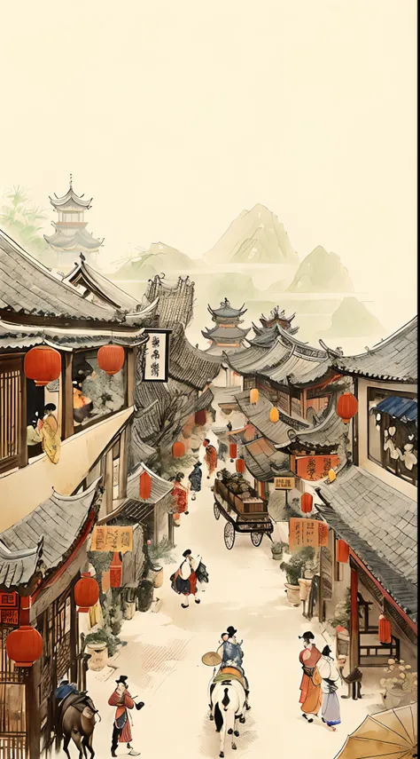 There are many people walking through the bustling streets of the Tang Dynasty in China, dreamy Chinese towns, Chinese watercolor style, Chinese village, Chinese style painting, Chinese painting style, author：Qu Leilei, Traditional Chinese watercolor,  anc...