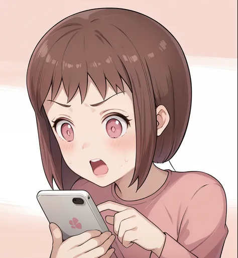 1girl in, 独奏, breastsout,Sweating short hair,Brown hair,Have a smartphone,Pink jacket,with a pure white background