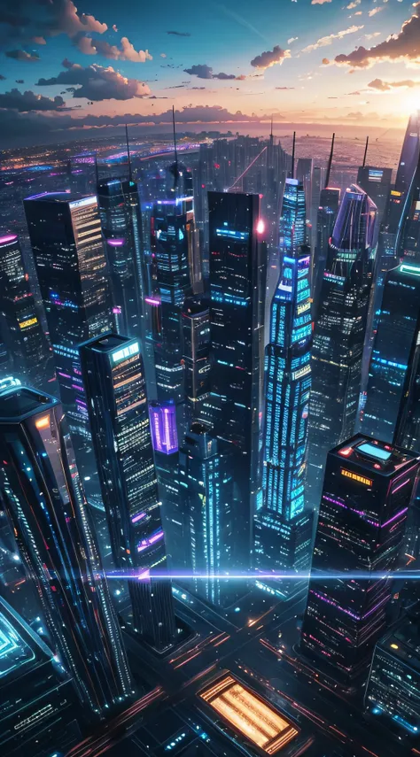 An ultra-high picture quality、top-quality、City of the Future、cyberpunked、vibrant light、Skyscrapers、In the clouds、View of the universe、SF World、